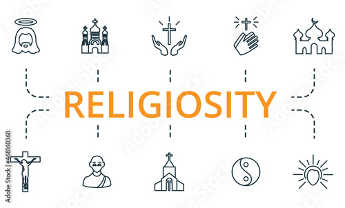 Religiosity icon set. Collection of simple elements such as the raining, bible, 13, mosque, temple, monk.