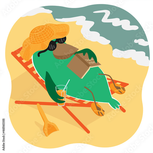 The bird is sunbathing by the sea. Vector illustration. Series