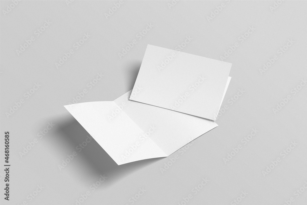 A5 bifold mockup on gray background. 3D rendering object. Blank empty space brochure. A5 bifold mockup on gray background. 3D rendering object. Blank empty space brochure.
