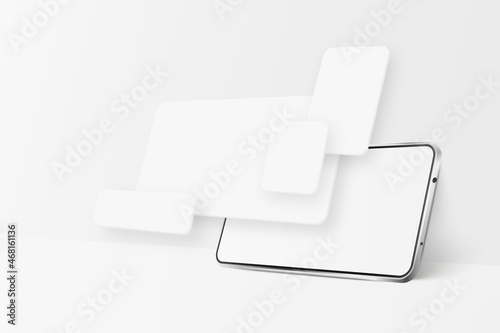 White realistic smartphone mockup. 3d mobile phone with blank white screen and UI elements. Modern cell phone template on white background