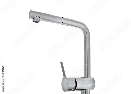 Modern pull out kitchen water tap on white background