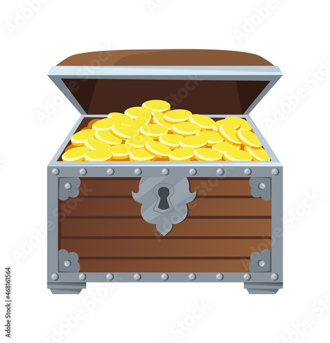 Ancient chest. Wooden box treasures with stack jewelry treasury, cartoon vector