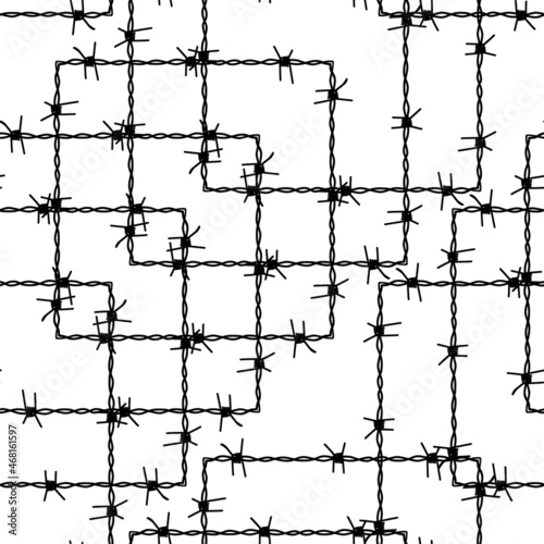 Seamless pattern with barbed wire. Abstract background with black steel wire isolated on white. Silhouette with wire chain. Vector illustration. Barbwire design