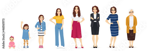 Woman of diifferent life stages cartoon characters. Baby, child, teenager, adult, mature and old persons vector illustration isolated
