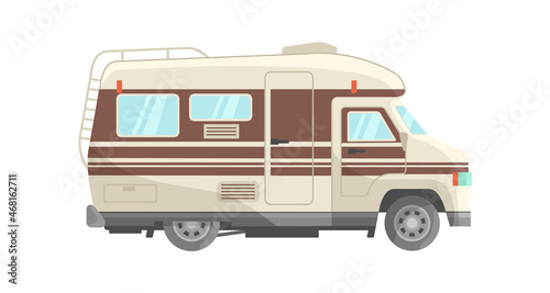 Brown trailer car. Auto caravaners happy element for campter, icon flat vector illustration