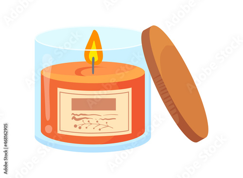Candle in jar with lid. Flame of aromatic memorial, vector illustration