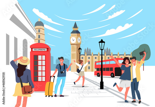 London vector with tourists. Travel theme cartoon people in city