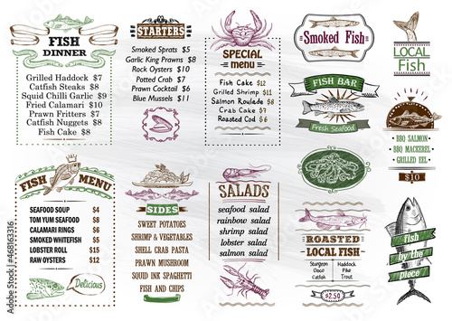 Fish menu elements and symbols set, hand drawn graphic illustration