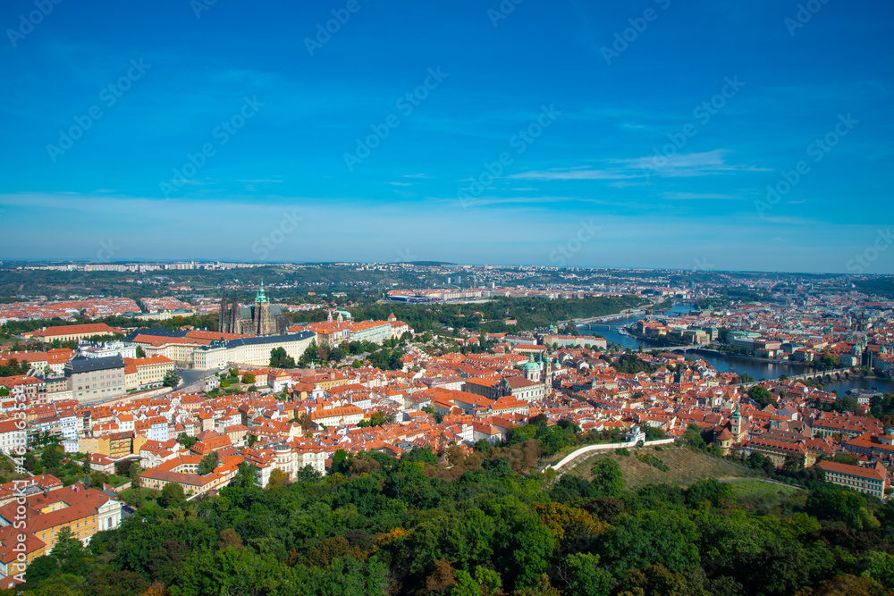 aerial view on the old town of Prague with Charles bridge and the Moldau river