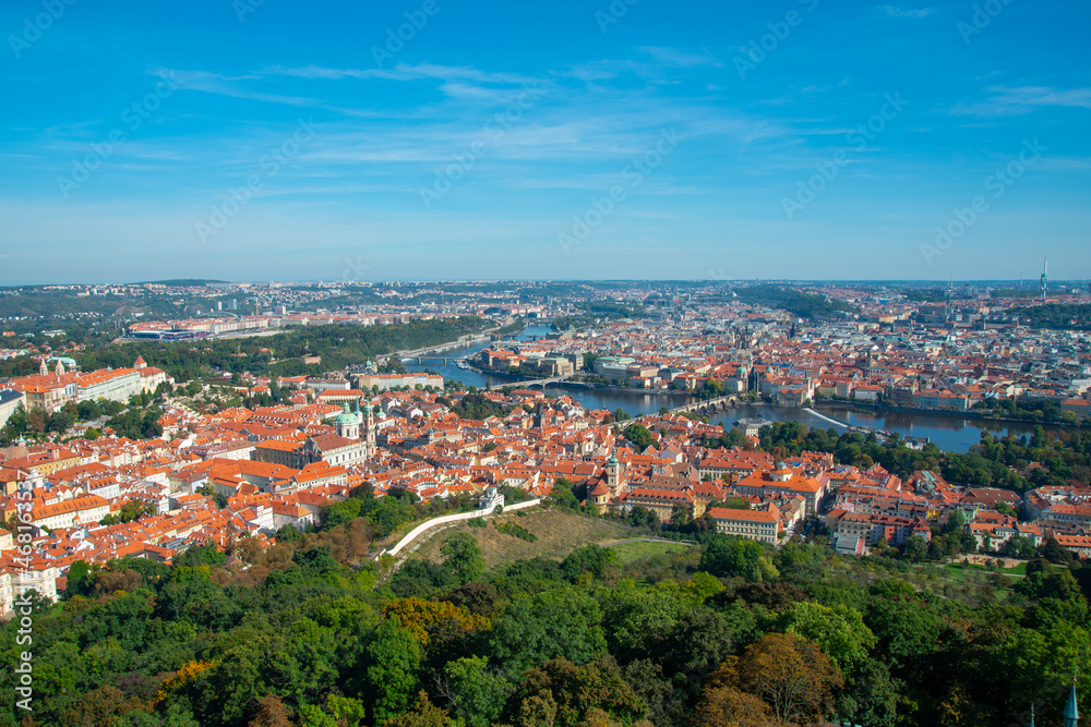 aerial view on the old town of Prague with Charles bridge and the Moldau river