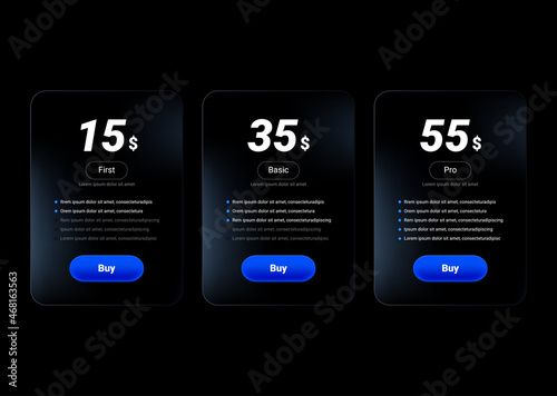 Pricing table with glass effect and blue button. or price list for websites and applications. Vector