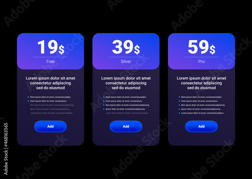 Three tariffs interface with Pricing table or price list for websites and applications. Vector