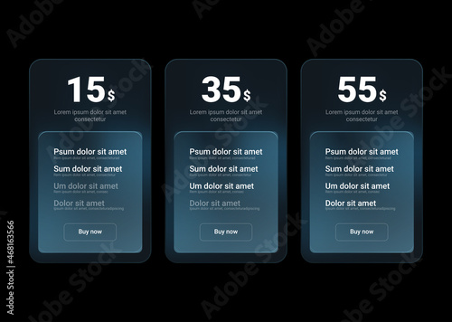 Service Pricing table or price list with blurring cards for websites on dark background. Vector illustration.