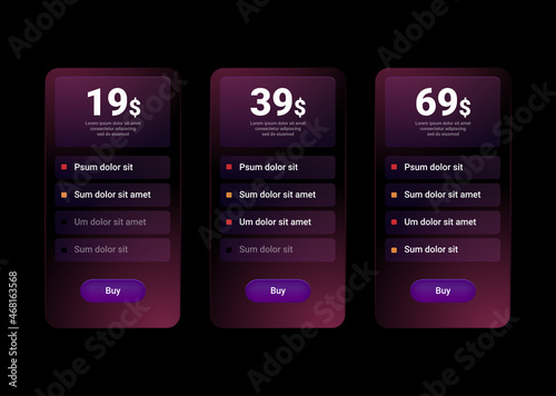 Table price comparison with blurring effect. Pricing table or price list for websites and applications. Vector