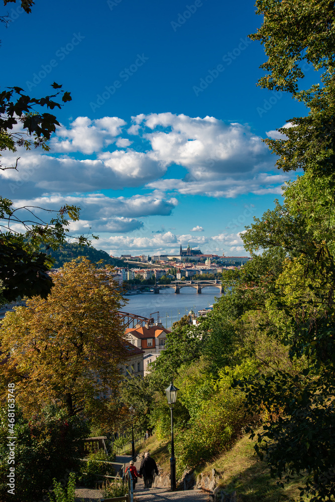 panoramic view on Prague Castle with the river moldau on a sunny day