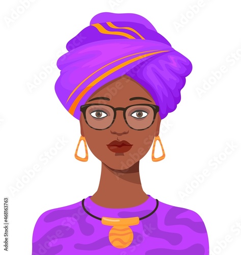 African woman portrait. Black american lady in turban from tribal of africa, cartoon character vector