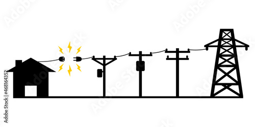 Electric poles to transmit electricity to house or home power failure outage plug and socket unplug blue icon on white background black icon flat vector design. photo
