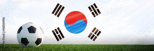Creative football soccer ball on the flag of South Korea, Football background, 3D Rendering.