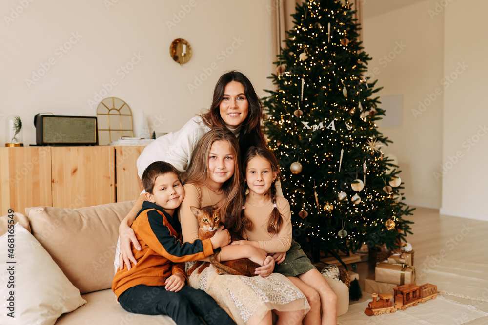 A large family with many children spend time together during the Christmas holidays in a decorated cozy house. A happy mom with three teenage children hugging, preparing for the holiday and playing. S A large family with many children spend time together during the Christmas holidays in a decorated cozy house. A happy mom with three teenage children hugging, preparing for the holiday and playing. S