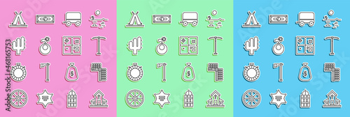 Set line Church building, Indian headdress with feathers, Pickaxe, Wild west covered wagon, Bomb ready to explode, Cactus, teepee or wigwam and Treasure map icon. Vector