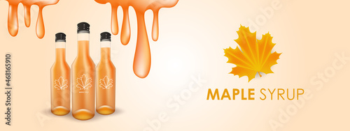 Maple syrup, realistic vector illustration of glass bottle and maple leaves and dripping syrup drops