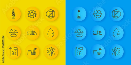 Set line Canister for motor machine oil, Oilfield, Tanker truck, Atom, drop, rig with fire, No barrel gasoline and Molecule icon. Vector