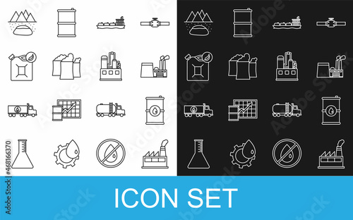 Set line Oil industrial factory building, Barrel oil, tanker ship, Bio fuel canister, Oilfield and icon. Vector
