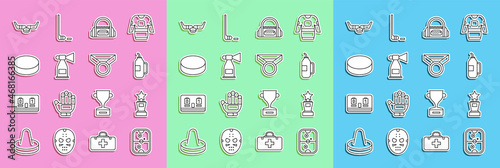 Set line Air hockey table, Award cup, Fitness shaker, Sport bag, horn, Hockey puck, Ice sticks and and Medal icon. Vector