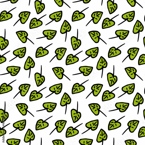 Seamless pattern with positive green leaves on white background. Vector image.