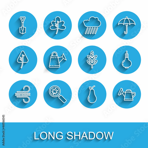 Set line Wind, Magnifying glass with leaf, Shovel, Pear, Watering can, Onion and Leaf or leaves icon. Vector