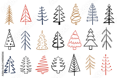 Christmas trees hand drawn set for Holidays cards and background. Abstract doodle drawing woods. Vector illustration