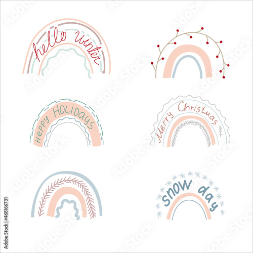 Rainbow with winter lettering decoration in doodle style. Simple decor for a festive Christmas and New Years. Vector illustration isolated on white background.