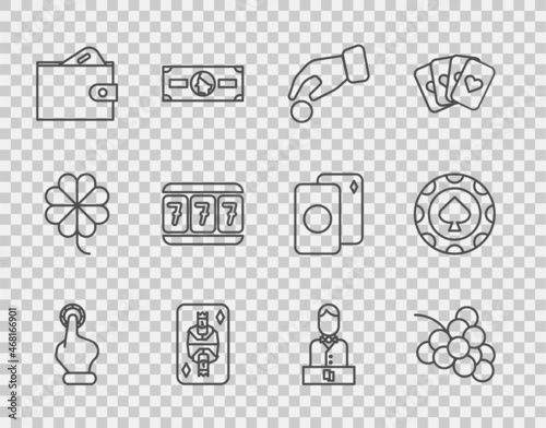 Set line Hand holding casino chips, Casino slot machine with grape, King playing card diamonds, Wallet money, Slot lucky sevens, dealer and icon. Vector