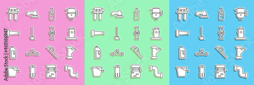 Set line Industry metallic pipe, Fire hydrant, Bottle of water, Mop, Water filter and meter icon. Vector