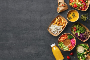 Healthy take away food and drink in disposable eco friendly paper containers