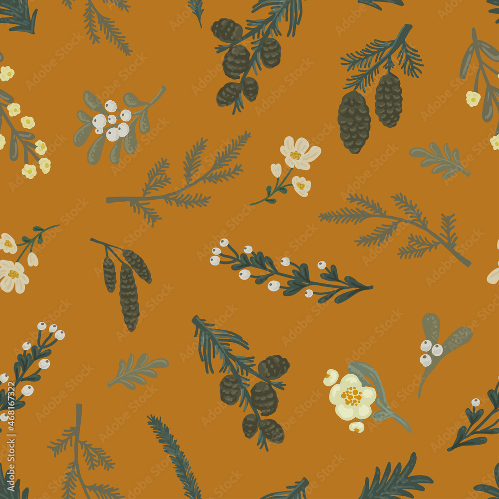Obraz premium Christmas botanical seamless vector beautiful pattern