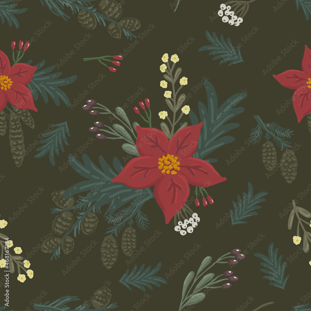 Beautiful vector Christmas seamless pattern with poinsettia Beautiful vector Christmas seamless pattern with poinsettia
