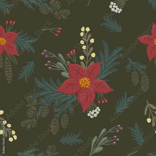 Beautiful vector Christmas seamless pattern with poinsettia