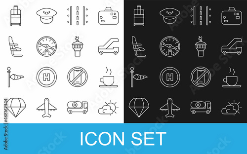 Set line Sun and cloud weather, Coffee cup, Passenger ladder for plane boarding, Airport runway, Compass, Airplane seat, Suitcase and Radar icon. Vector