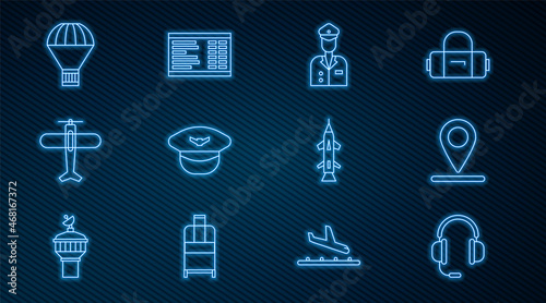 Set line Headphones with microphone, Location, Pilot, hat, Plane, Box flying parachute, Rocket and Airport board icon. Vector