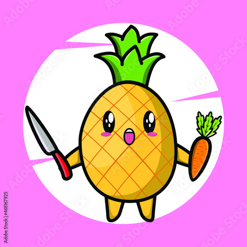 Cartoon pineapple mascot holding knife and carrot in cute style for t-shirt, sticker, logo element