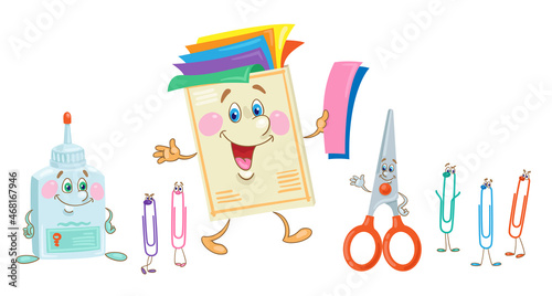 Set of funny school supplies for children's creativity. Color paper, scissors, glue and paper clips. In cartoon style. Isolated on white background. Vector illustration. 