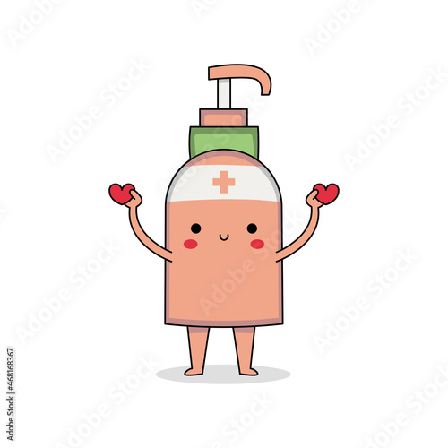 Cute hand sanitizer cartoon character spreading love