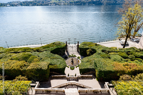 Fountain in the hedge in front of the Villa Carlotta gate. Lake Como, Italy. Top view photo