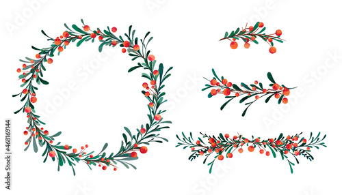 Hand-drawn watercolor Christmas collection of wreath and borders with berries and stylized leaves. Winter illustrations  for Christmas decorations postcards, party invitation cards, posters.