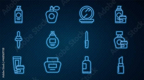 Set line Lipstick, Cream or lotion cosmetic tube, Makeup powder with mirror, Perfume, Pipette, Spray can for hairspray, Nail file and icon. Vector