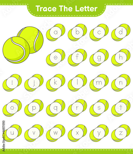 Trace the letter. Tracing letter alphabet with Tennis Ball. Educational children game, printable worksheet, vector illustration