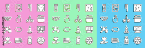 Set line Leaf plant nature, Spa salon signboard, Sauna bucket and ladle, Hairbrush, Apple, Citrus fruit, Bottle of shampoo and Scissors icon. Vector