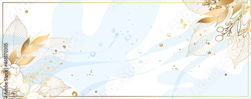 Luxurious golden wallpaper. Banner with white background blue watercolor spots. Gold foliage and flowers leaves wall art with a shiny light texture. Modern art mural wallpaper. Vector illustration.