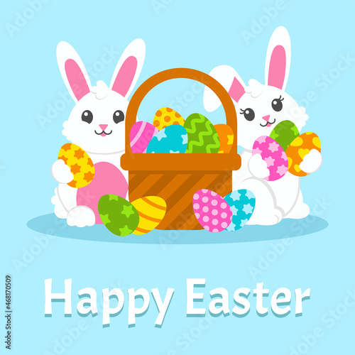 Happy Easter. Cute white bunnies are holding Easter eggs. Beautiful gift card. Colored flat vector illustration isolated on blue background. Cartoon character.